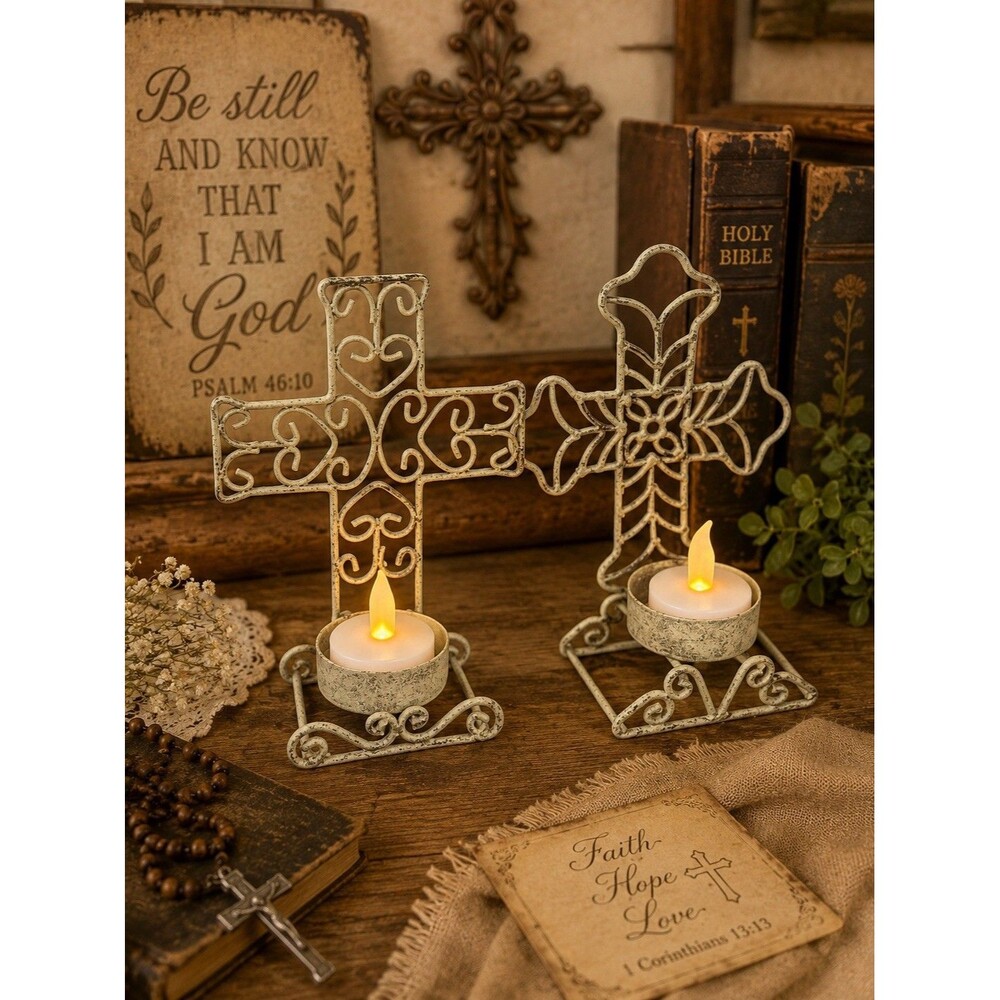 Set 2 Metal Cross Tealight Candle Holders Rustic Farmhouse Christian Decor
